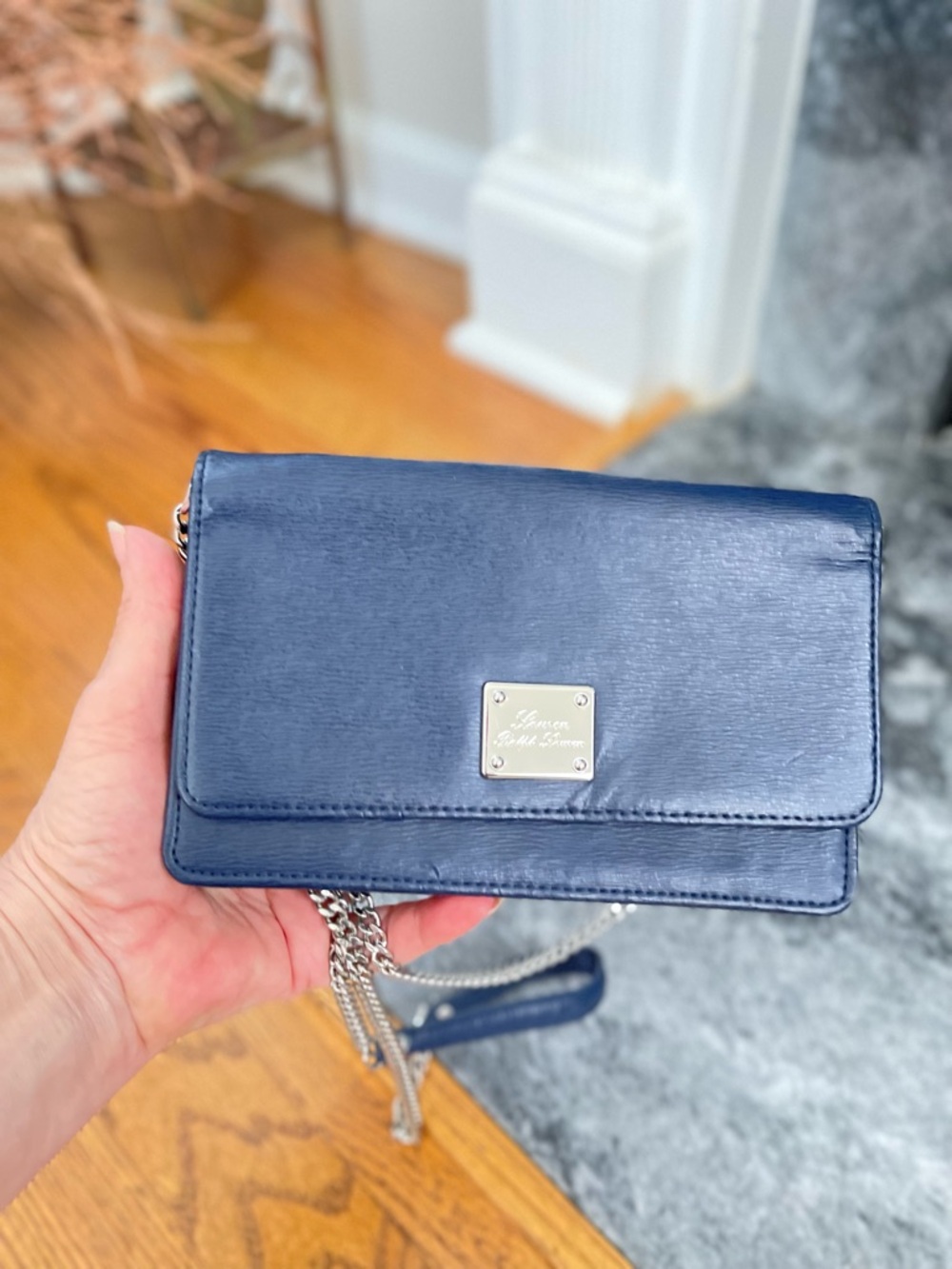 Lauren Ralph Lauren Navy Wallet on Chain Crossbody Clutch Leather Organizer Bag